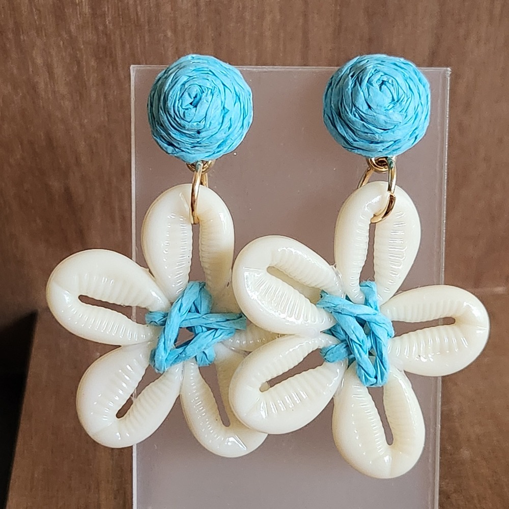 Cowrie Shell Flower Drop‎ Earrings Turquoise Blue Raffia Statement Boho Coastal
